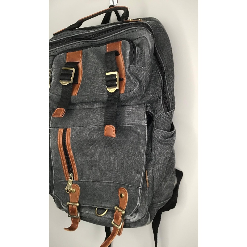 Kaukko Canvas Backpack Rucksack Charcoal Gray Leather Trim Travel Laptop School